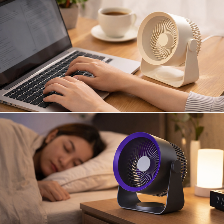 Quiet portable desk fan, USB rechargeable with 4000mAh, perfect for home office personal cooling in summer.