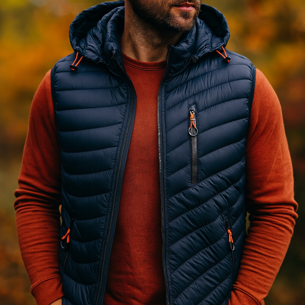 Lightweight, water-resistant men's sleeveless puffer vest with zip closure & detachable hood. (Blue)