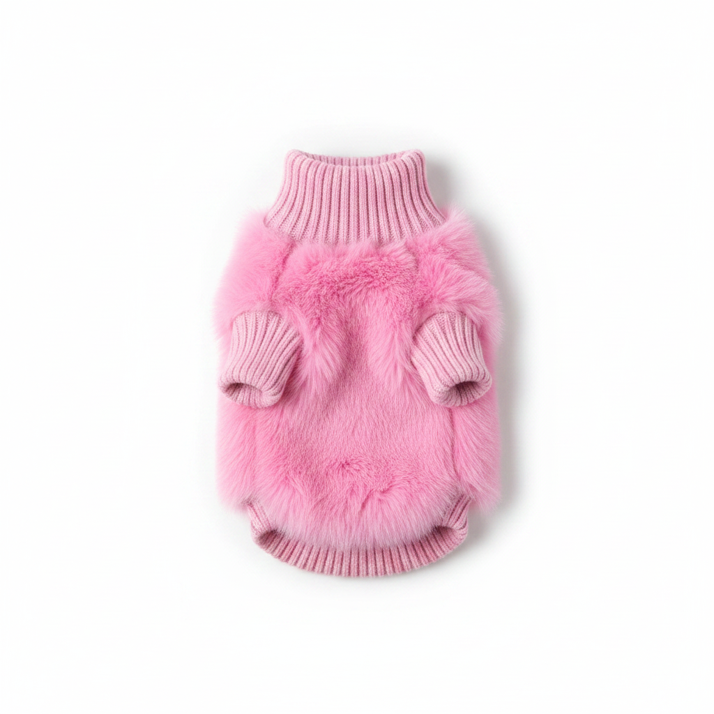 Blue knit turtleneck dog jumper with soft fluffy texture. Warm & cozy dog clothes for winter pet fashion.