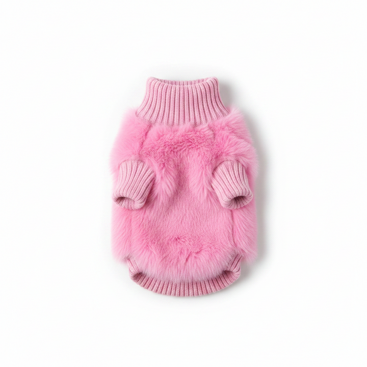 Blue knit turtleneck dog jumper with soft fluffy texture. Warm & cozy dog clothes for winter pet fashion.