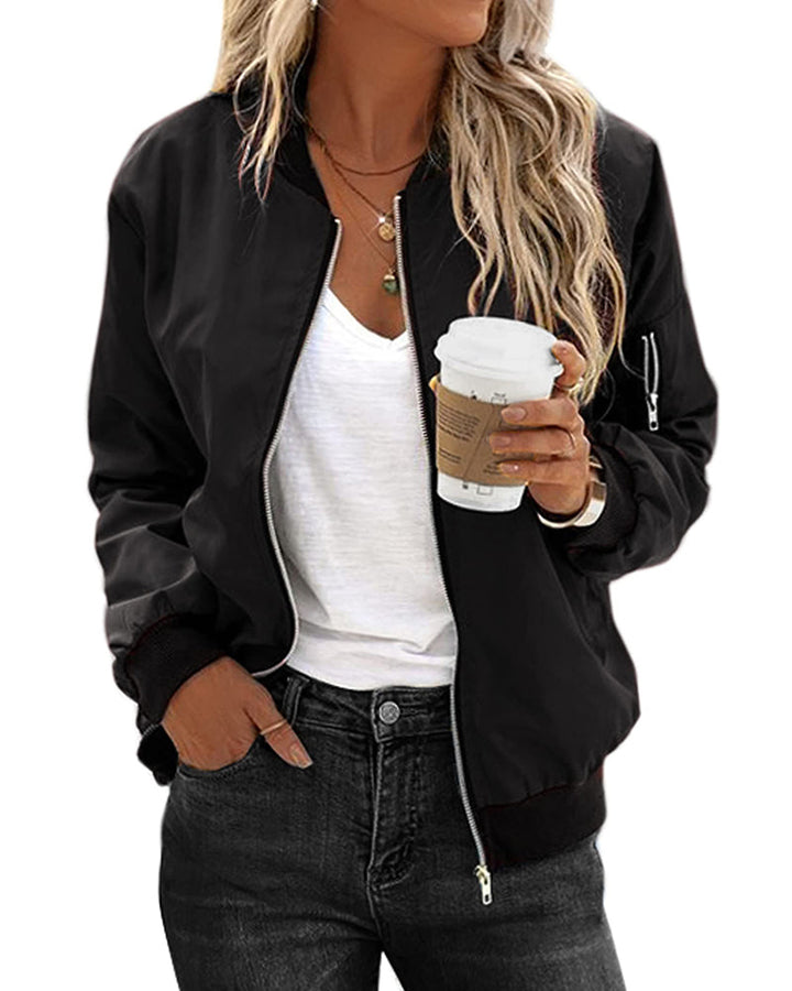 Women's classic black zip-up bomber jacket, perfect for stylish everyday casual wear.