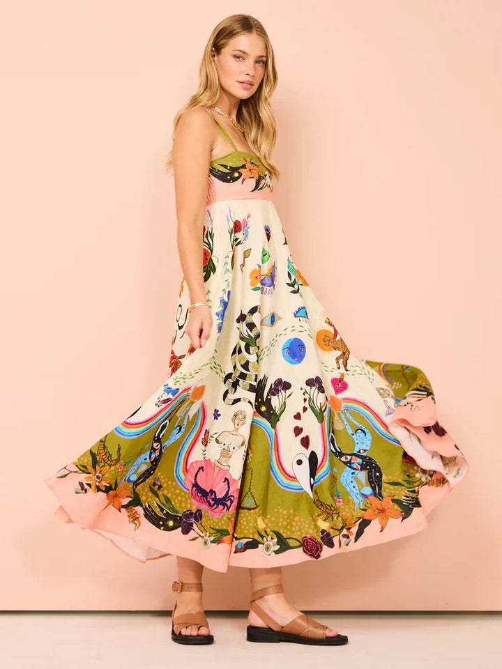 Woman wearing a stylish multicolor boho maxi sundress on a beach, ideal for summer vacation & casual outings.