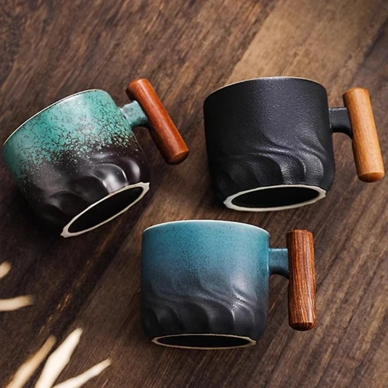 Retro ceramic espresso mug with wooden handle for stylish coffee.