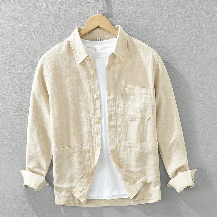 Men's button-up shacket, combining jacket warmth with shirt style for versatile fashion.
