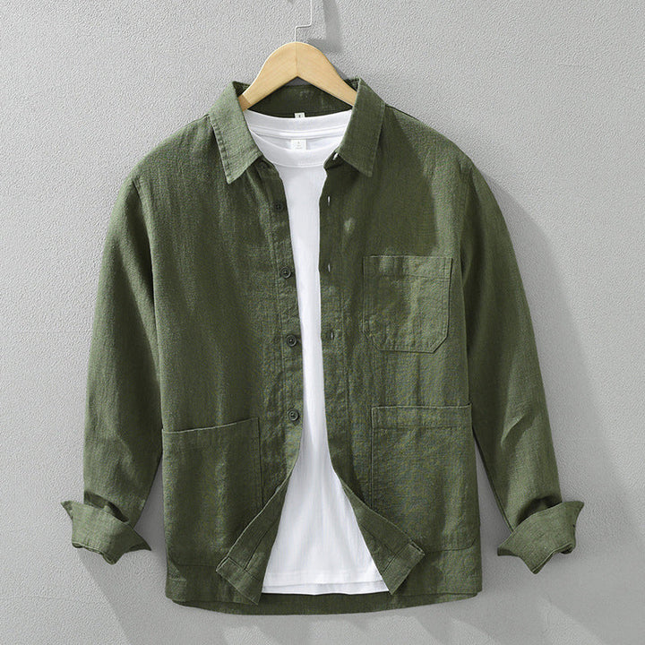 Versatile men's button-up shacket, ideal outerwear for adaptable men's fashion.
