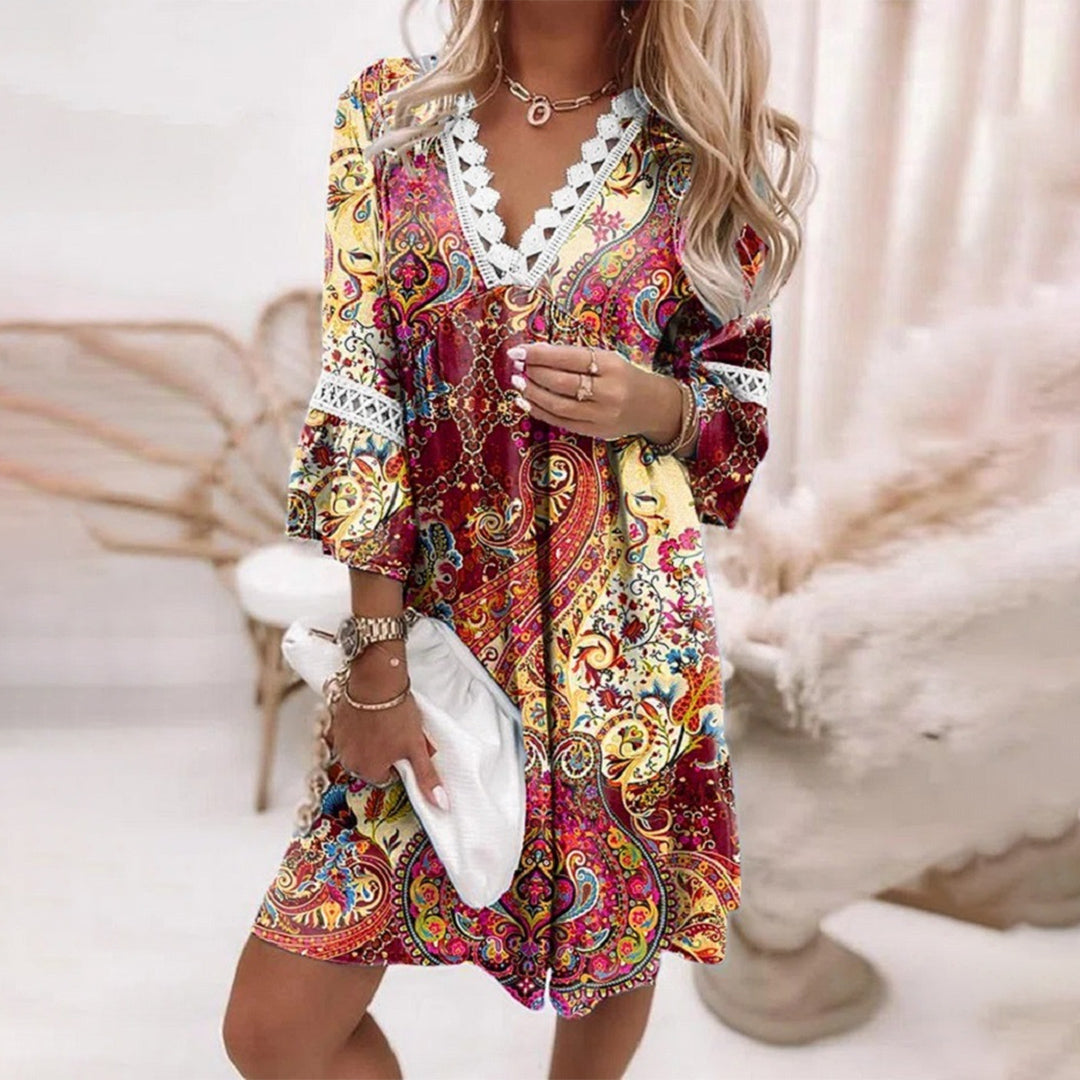 Chic women's boho summer dress with intricate crochet details & a flattering V-neck, ideal for casual wear.
