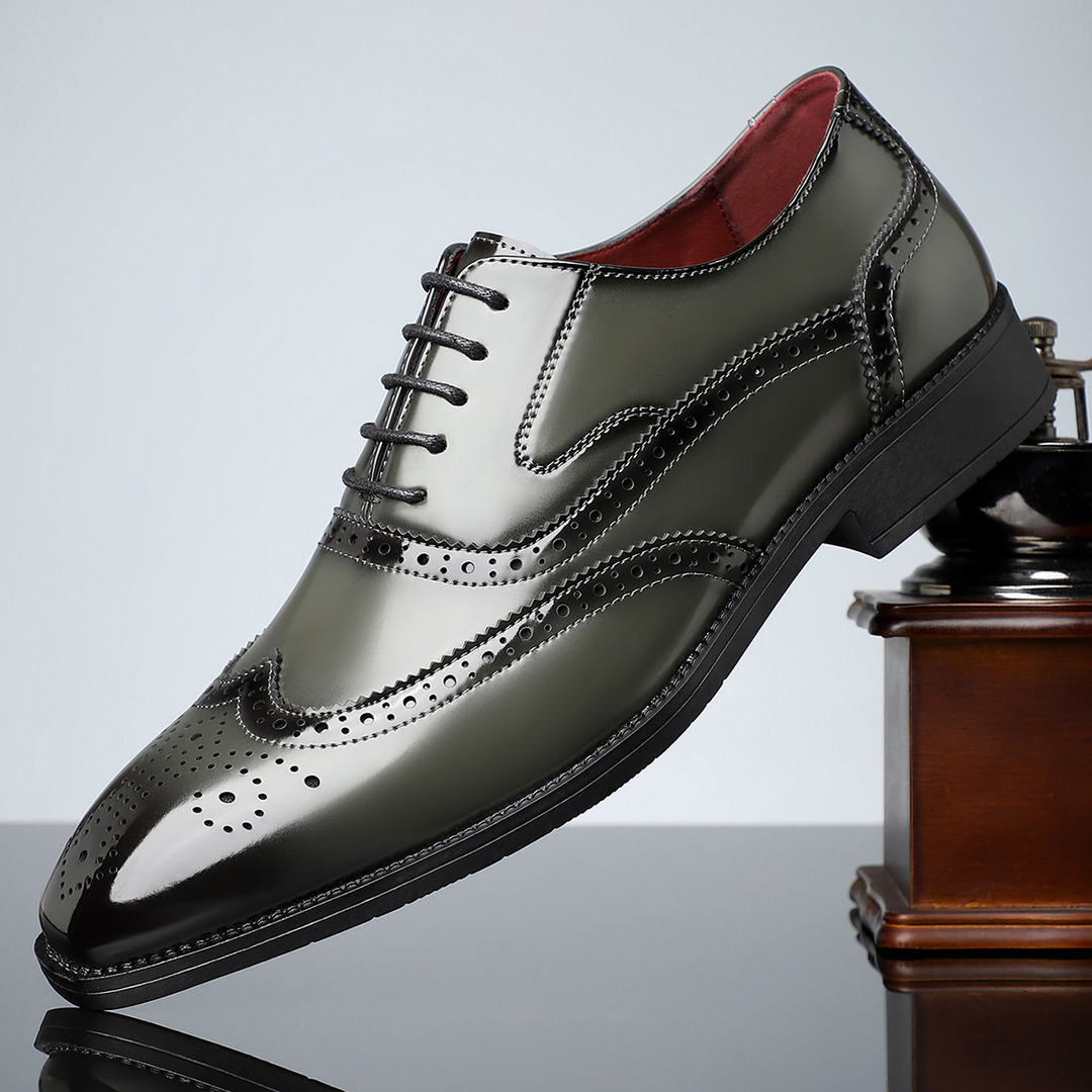 Men's wingtip brogues worn with a suit, illustrating classic formal footwear for special occasions.