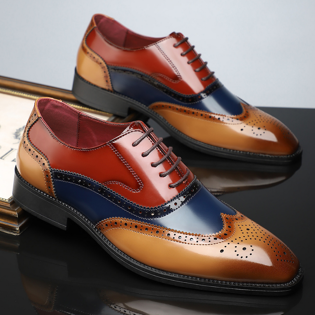 Elegant men's comfort brogue wingtip shoes in dark brown, suitable for business & sophisticated style.