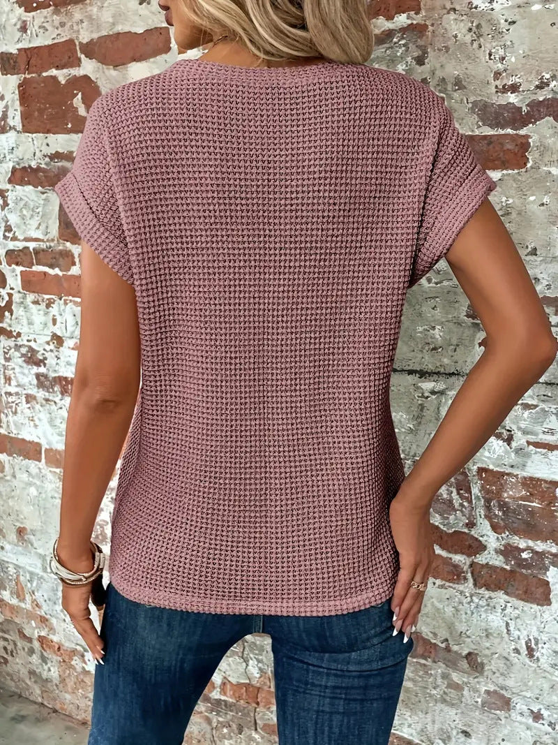 Women's round neck waffle knit short sleeve top, a versatile piece for casual spring & summer outfits.