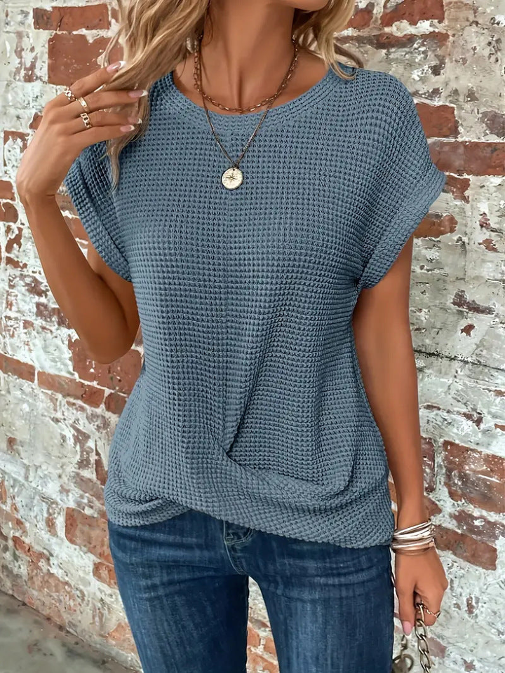 Casual women's short sleeve waffle knit top, an essential everyday style for ultimate comfort.