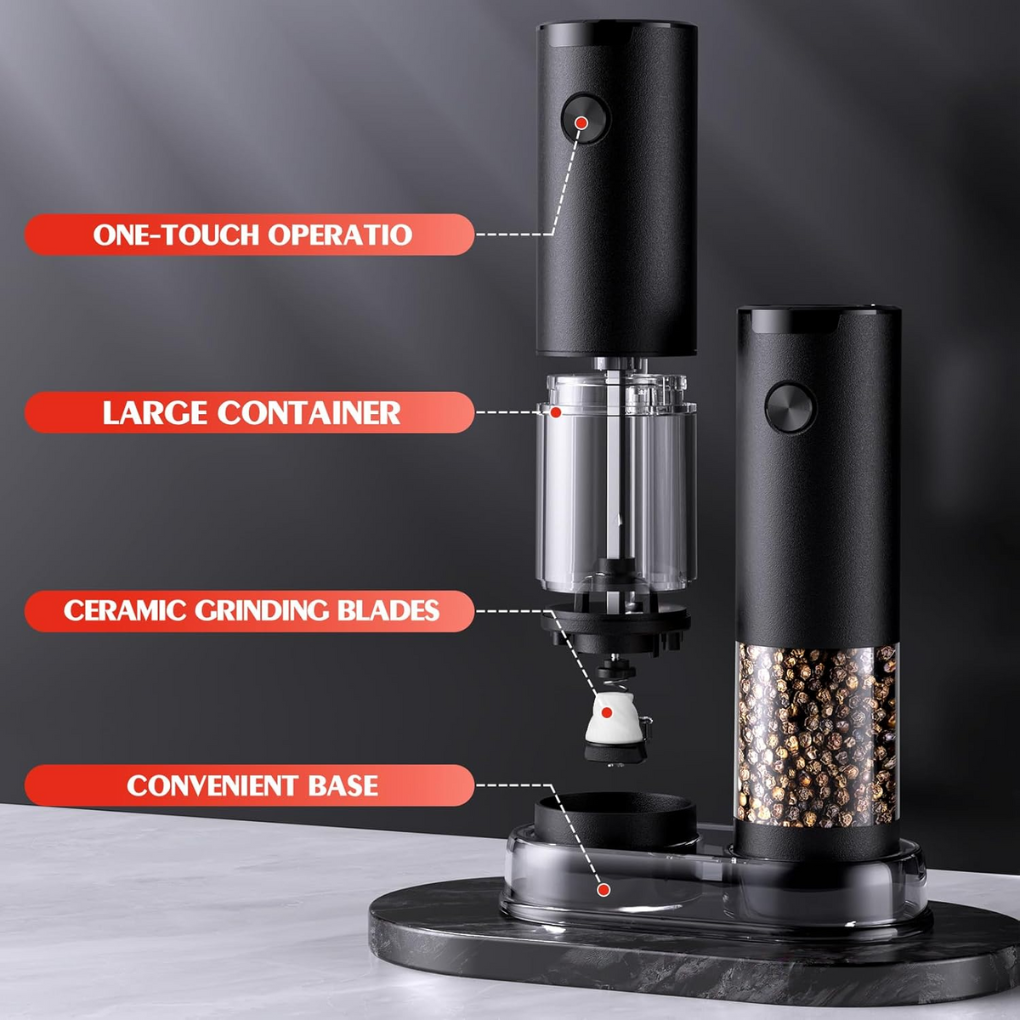 Hands-free electric pepper & salt grinder set, a convenient kitchen tool with LED light for cooking.
