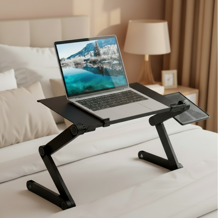 Universal adjustable laptop stand for ergonomic home office setup, improving posture & comfort.