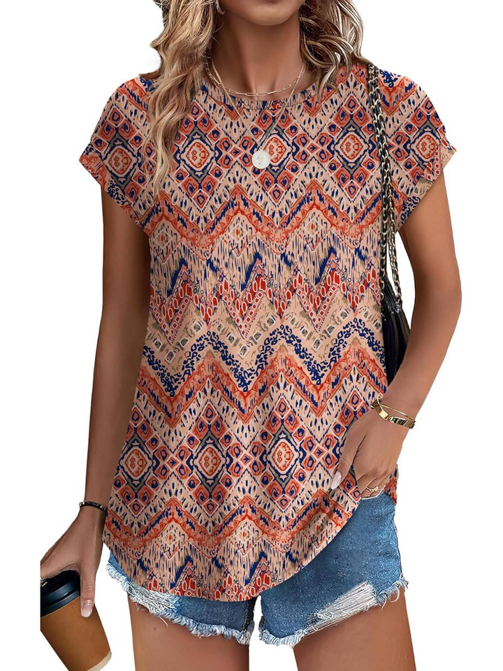 Everyday women's top, cap sleeve, with an elegant botanical leaf pattern, loose fit.
