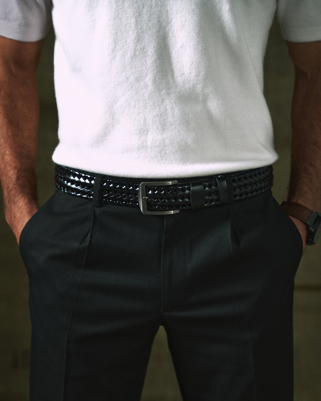 Authentic men's braided leather belt, genuine cowhide offering a versatile dress or casual accessory.