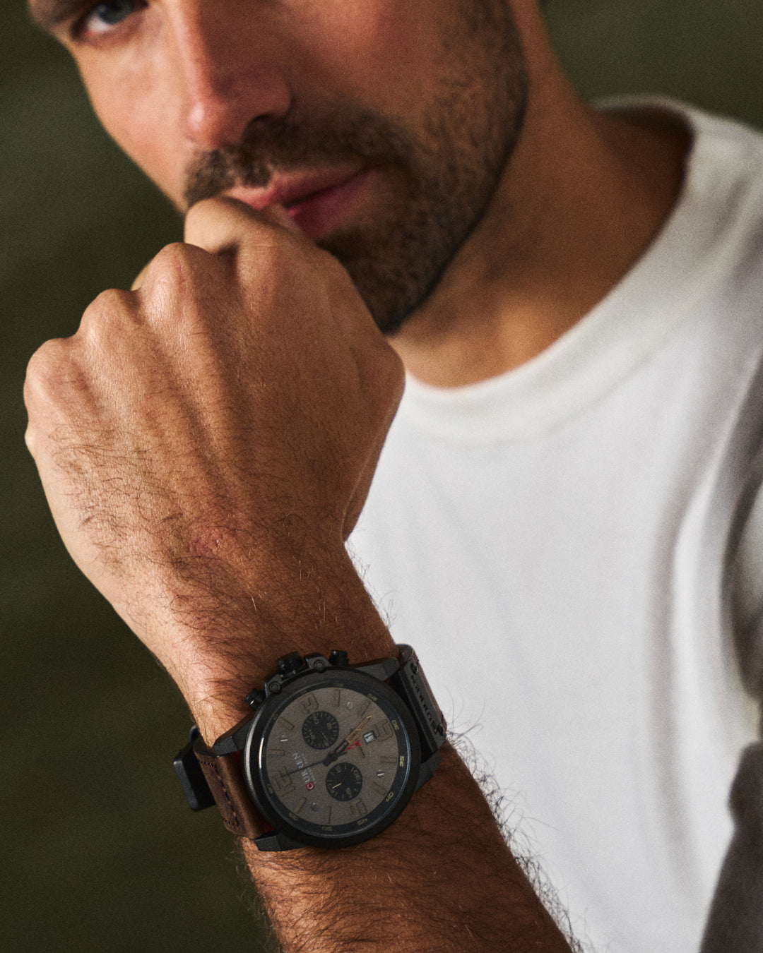 Durable men's stainless steel chronograph timepiece on a stylish brown leather strap.