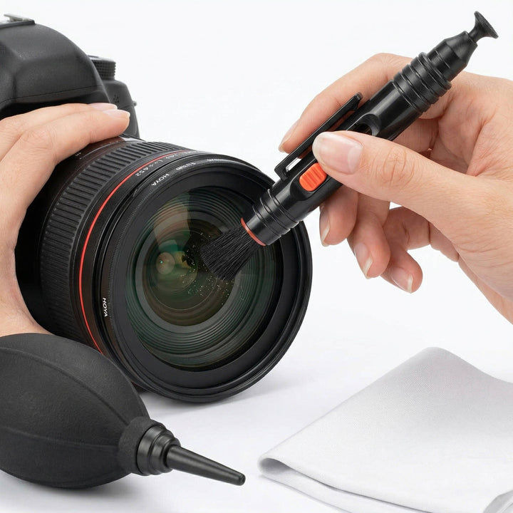 Professional camera lens cleaning kit with blower, brush, microfiber cloths, and optical solution for pristine photography.