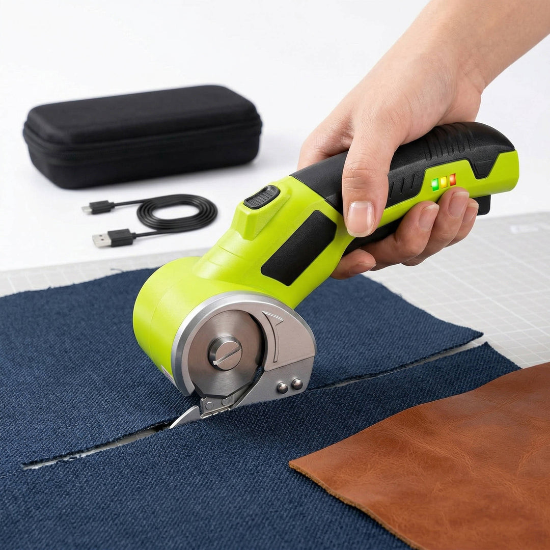 Unisex electric scissors with work light, rechargeable battery, cordless design for fabric & cardboard cutting.
