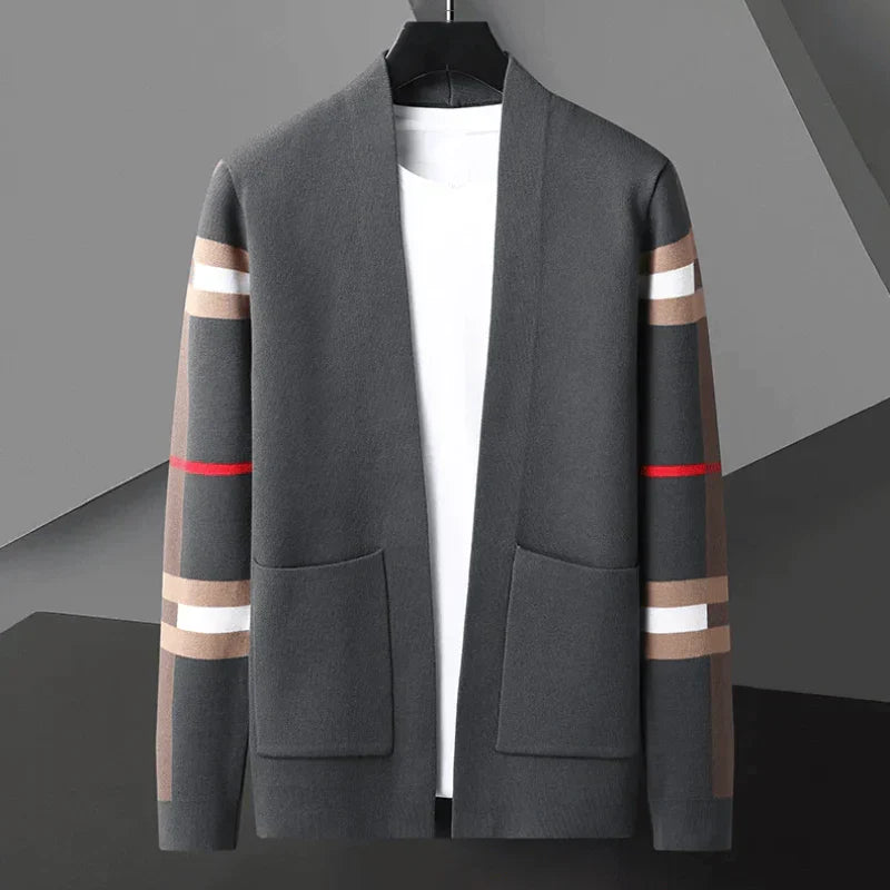 Modern classic men's luxury cardigan sweater for versatile styling and sophisticated layering.