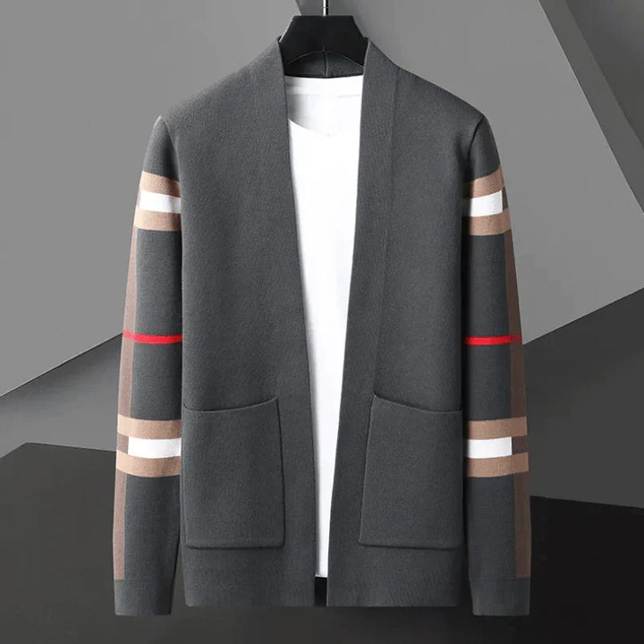 Modern classic men's luxury cardigan sweater for versatile styling and sophisticated layering.