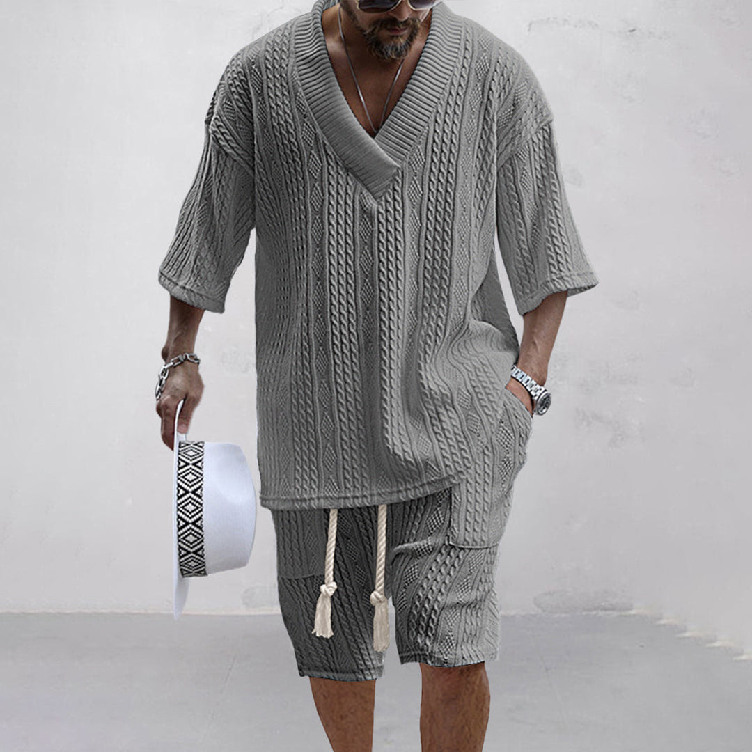 Men's V-Neck Shirt & Shorts Set, perfect for casual summer wear and relaxed loungewear.