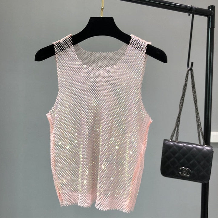 Women's glamorous dazzling top, a sparkling sleeveless tank perfect for party wear & summer evening fashion.