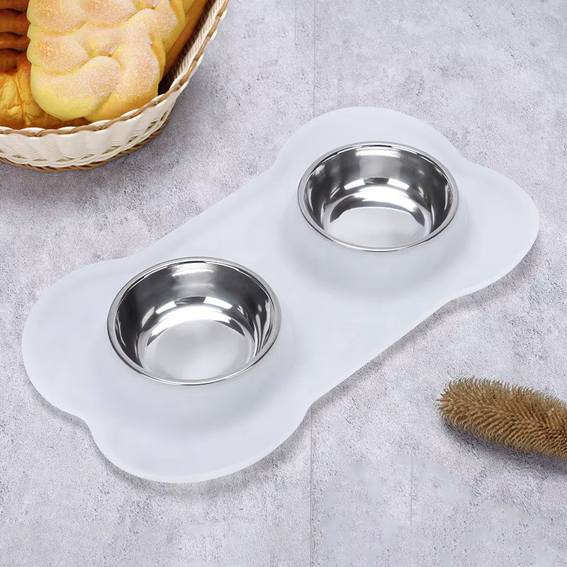 Unisex Pet Feeding Set with Non-Slip Mat & Stainless Bowls