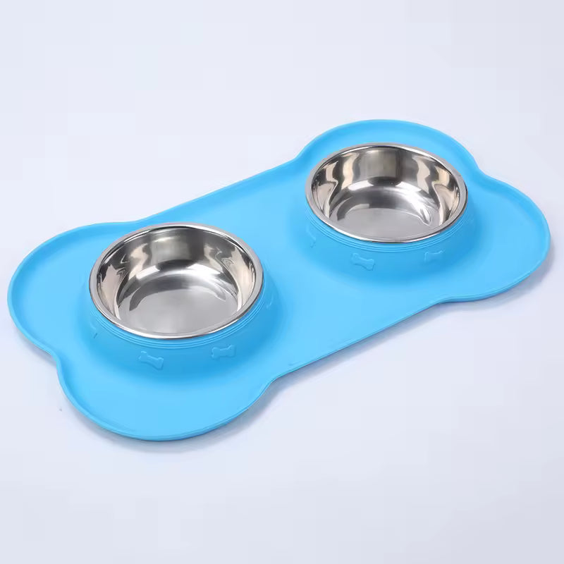 Unisex Pet Feeding Set with Non-Slip Mat & Stainless Bowls