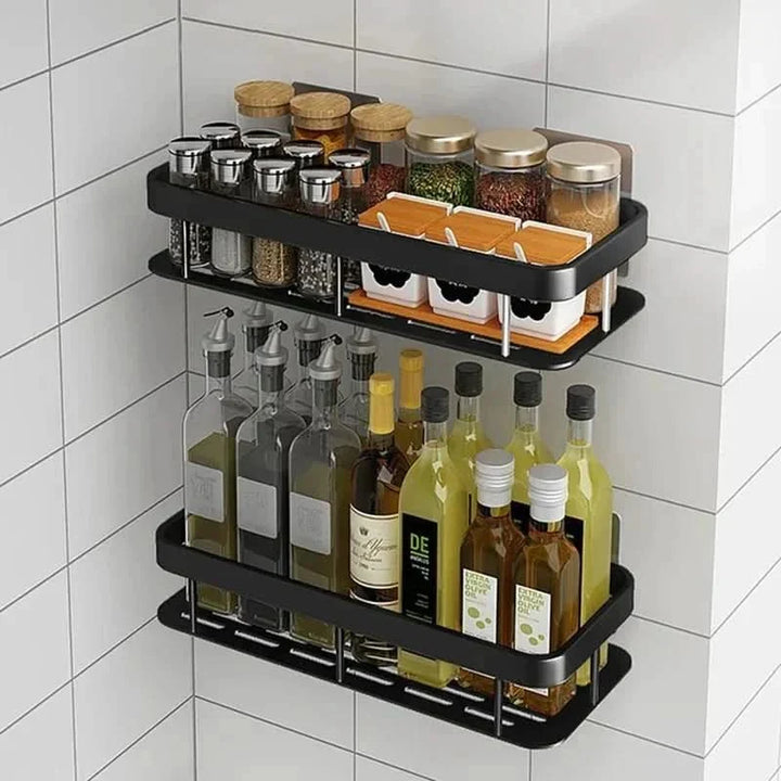 Adhesive shower caddy, drill-free stainless steel bathroom shelf for organizing shampoos, soaps & more.