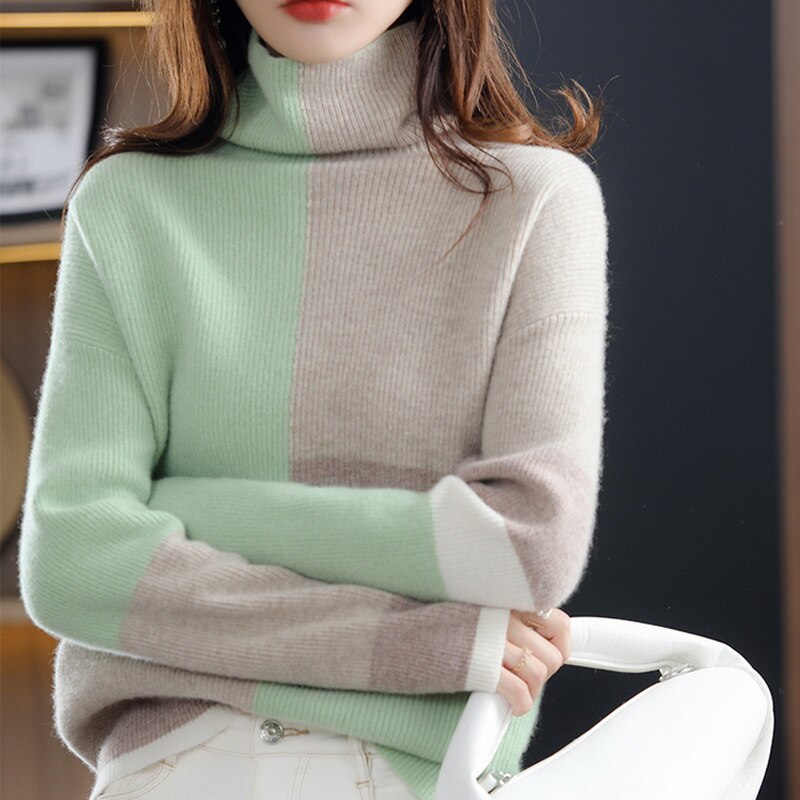 Comfortable long-sleeve women's turtleneck sweater. Stretchy knitwear for cozy fall & winter outfits.