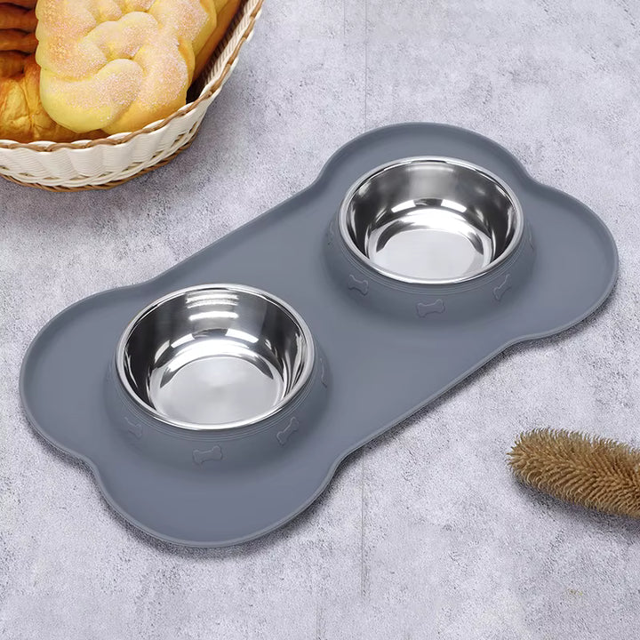 Unisex Pet Feeding Set with Non-Slip Mat & Stainless Bowls