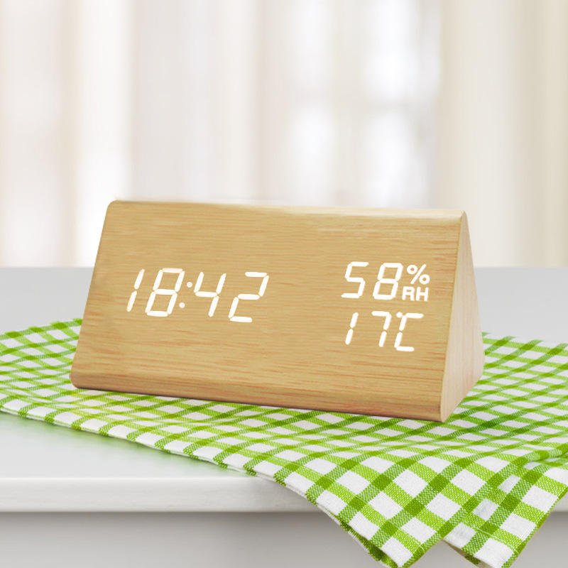 LED digital wooden clock with clear time and temperature display, featuring adjustable brightness for any room.