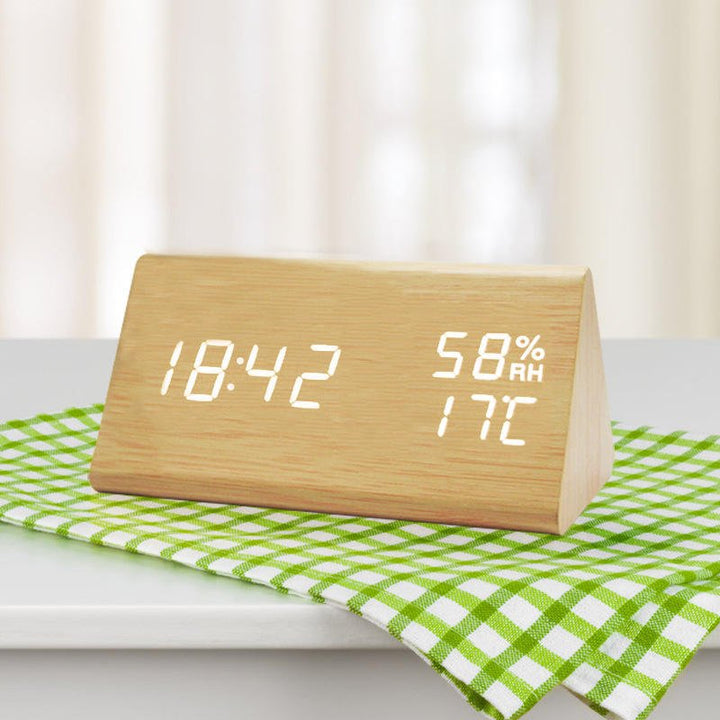 LED digital wooden clock with clear time and temperature display, featuring adjustable brightness for any room.