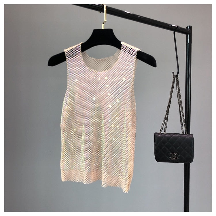 Sparkling women's party tank top. Dazzling sleeveless design for going out, summer events, or chic fashion.