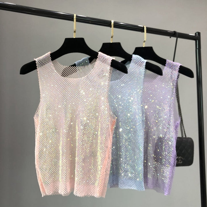 Dazzling women's party tank top, a sparkling statement piece for evening glamour & summer going out.