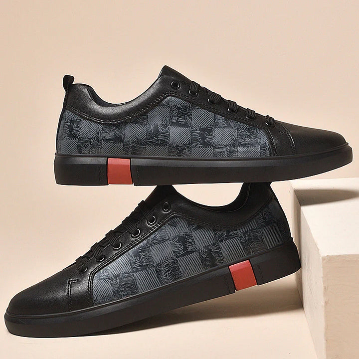 Men's casual brown sneakers on foot, demonstrating their stylish fit and cushioned comfort.