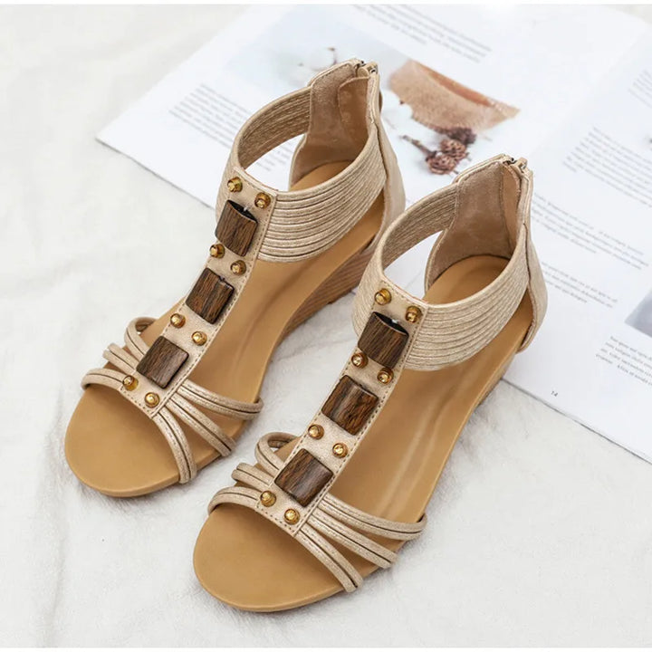 Versatile beige Calira comfort wedges. Women's orthopedic strappy sandals, blending style & support for any occasion.