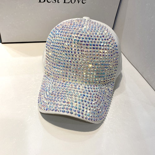 Close-up of a shimmering glitter baseball cap, capturing the vibrant sparkle and fashionable design.