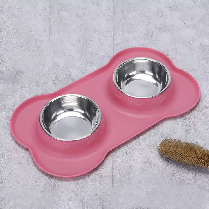 Unisex Pet Feeding Set with Non-Slip Mat & Stainless Bowls