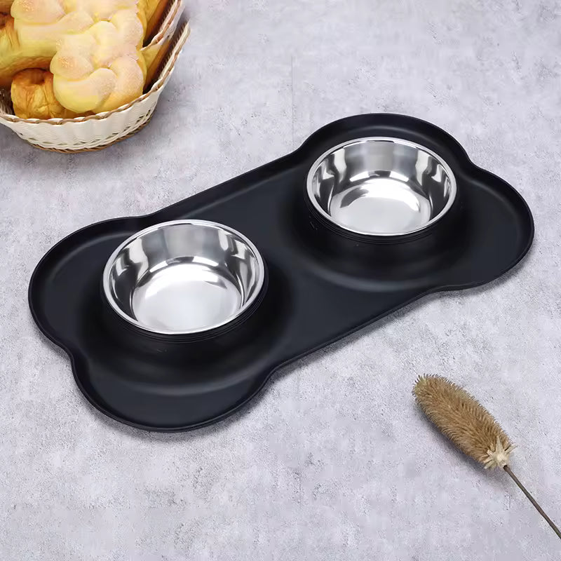 Unisex Pet Feeding Set with Non-Slip Mat & Stainless Bowls