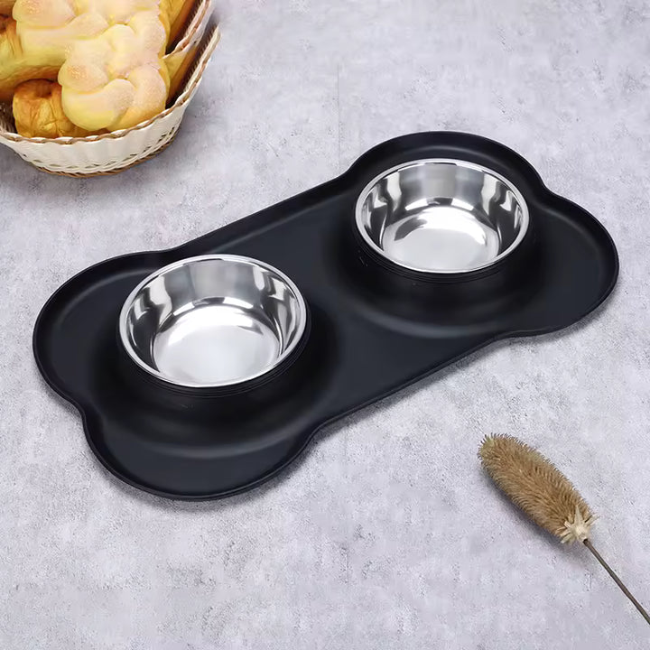 Unisex Pet Feeding Set with Non-Slip Mat & Stainless Bowls
