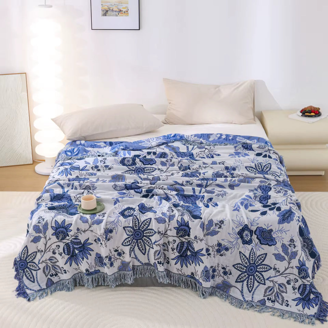 Rustic Floral Tassel Reversible Throw Blanket