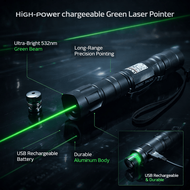 USB rechargeable green laser pointer showing charging port; ideal for on-the-go presentations & stargazing.