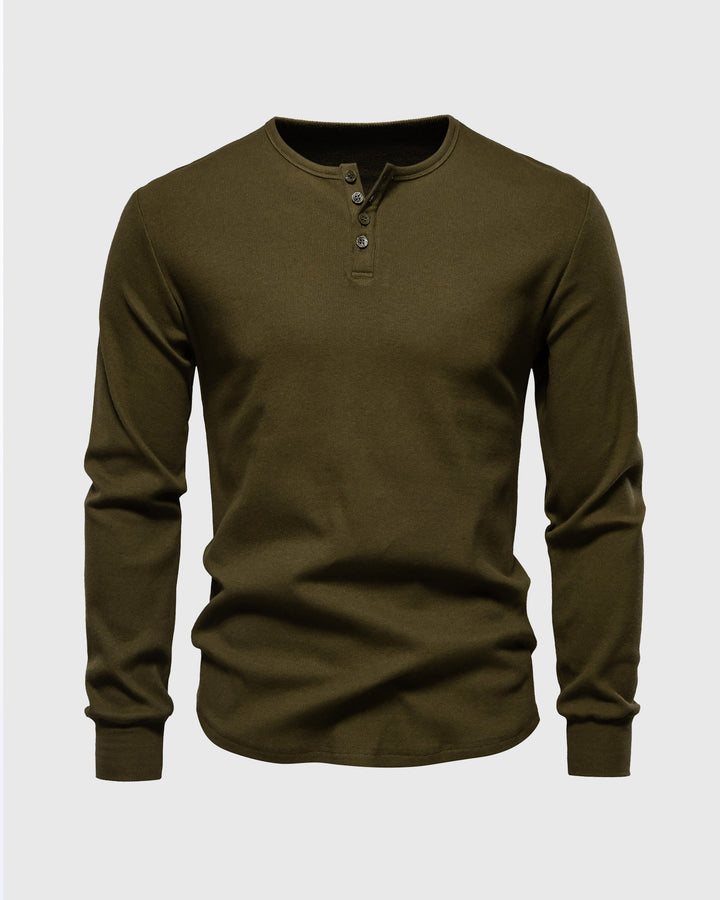 Classic men's ribbed henley, an essential long sleeve top for winter layering.