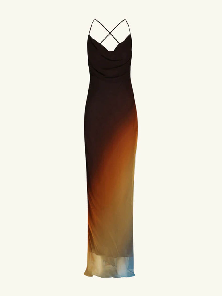 Stunning women's black elegant maxi dress, backless with a flowing silhouette, suited for a wedding guest.