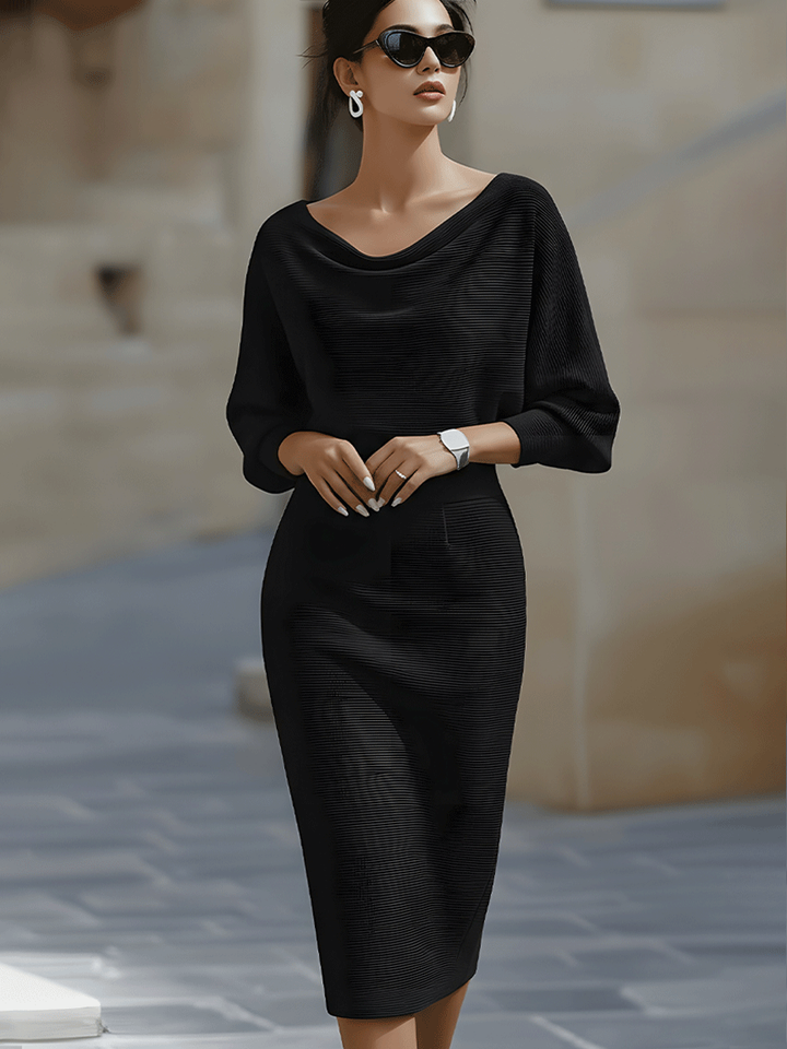 Draped cowl-neck bodycon midi dress for women, an elegant and sophisticated choice for special evening events.