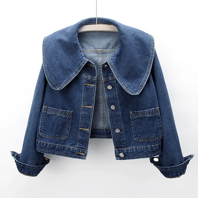 Stylish women's blue cropped jacket with a chic collar, perfect for versatile casual fashion outerwear.