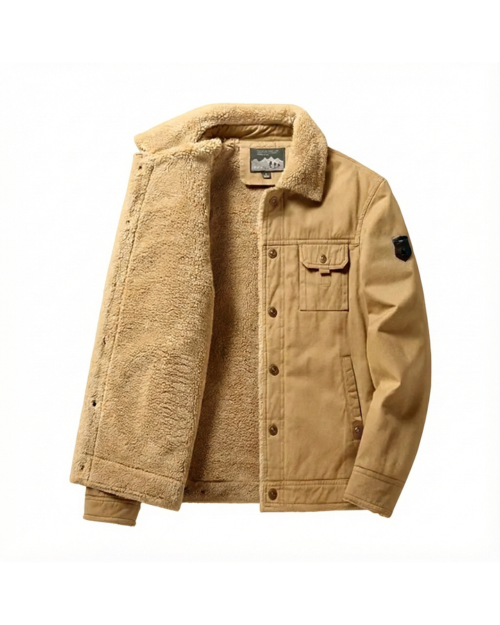 Men's khaki Timberline Sherpa Lined Trucker Jacket, warm cotton outerwear for winter casual style.