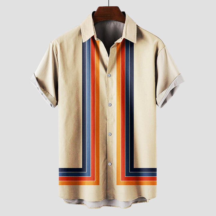 Men's vintage sunset stripe retro short sleeve shirt, perfect for summer comfort and casual style.