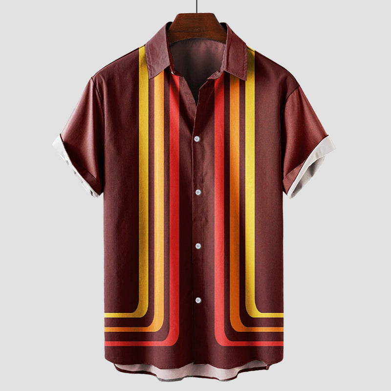 Vintage sunset stripe men's short sleeve shirt, anti-wrinkle for ultimate summer comfort and style.