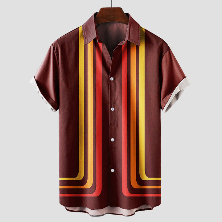 Vintage sunset stripe men's short sleeve shirt, anti-wrinkle for ultimate summer comfort and style.